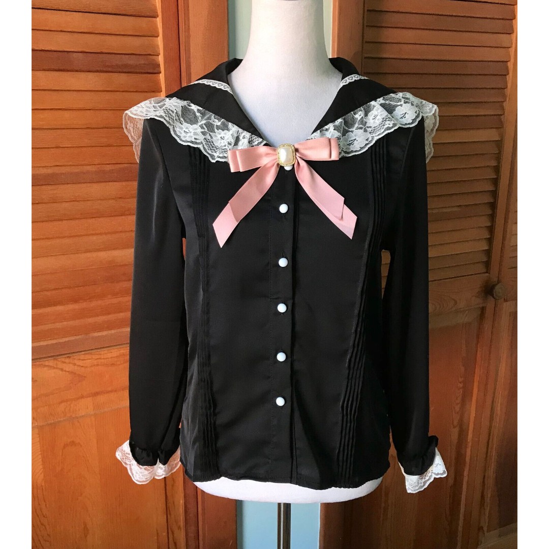 Gothic Lolita EGL J-fashion Jirai Dollcore Noir Blanc et Rose Blouse Shirt S
