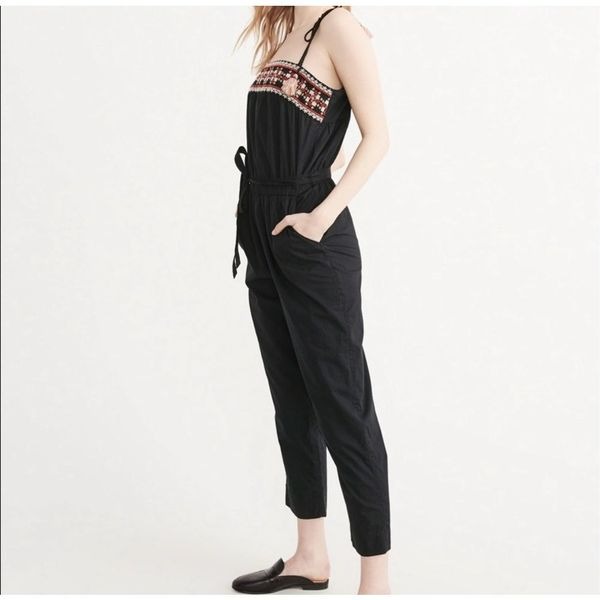Abercrombie & Fitch Tie Straps Embroidered Cotton Black Jumpsuit Pockets Boho L