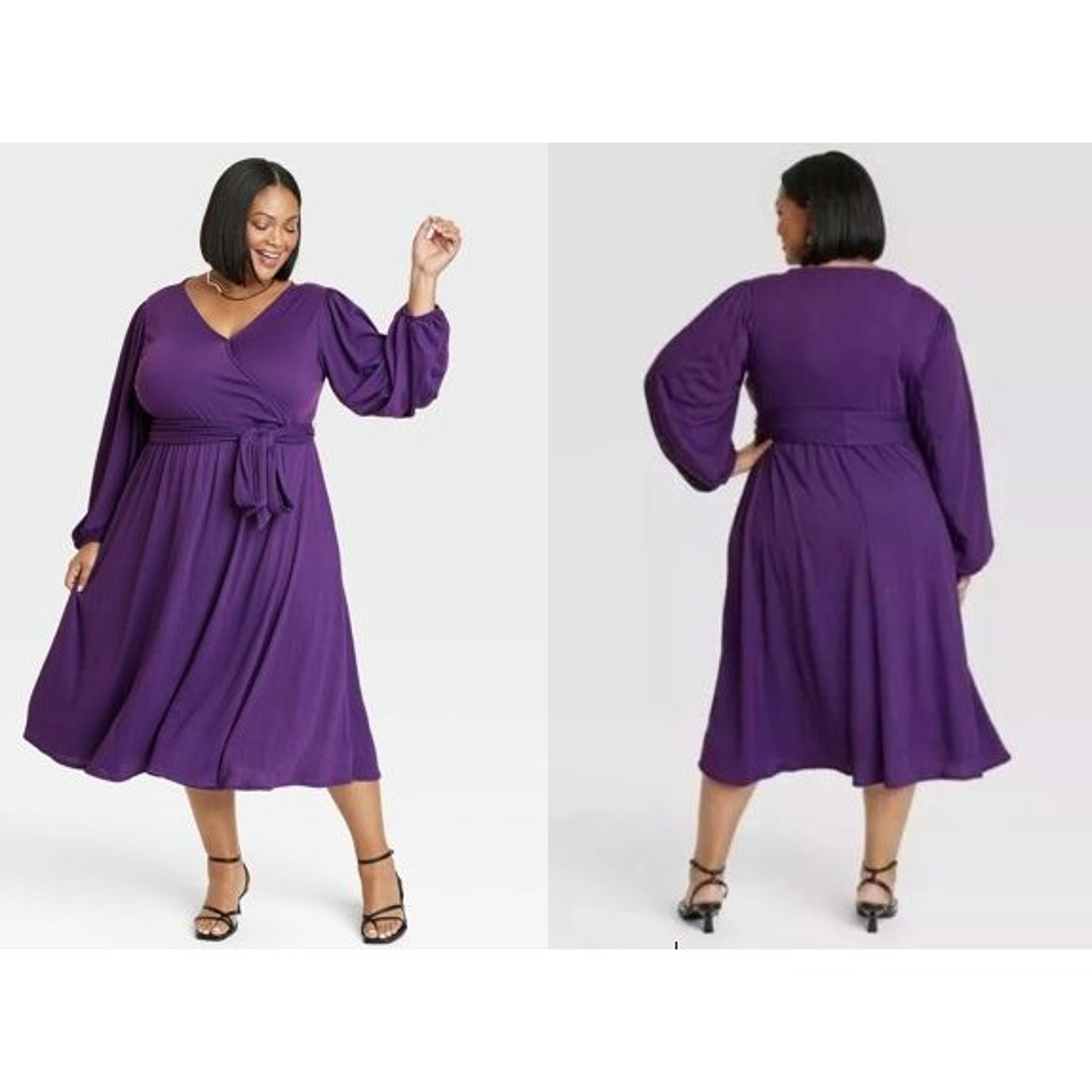 Ava & Viv Womens Balloon Long Sleeve Knit V-Neck Faux Wrap MIDI Dress Purple 1X