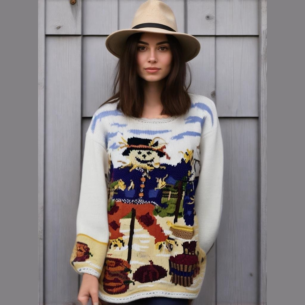 Capistrano Vintage 90's Women's 22/24 Cream Scarecrow Pumpkins Pullover Sweater