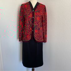 Blair 2 Piece Jacket Skirt Black Red Silver Floral Abstract Career Evening SZ 6P