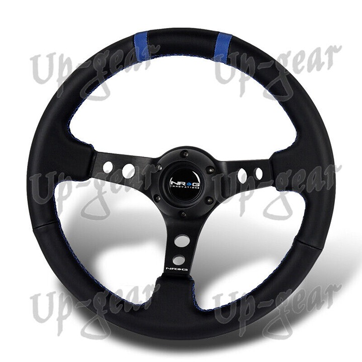 Black Leather Blue Stitch 3 Deep Spoke NRG 350MM RST-016S-BL 14 Steering Wheel