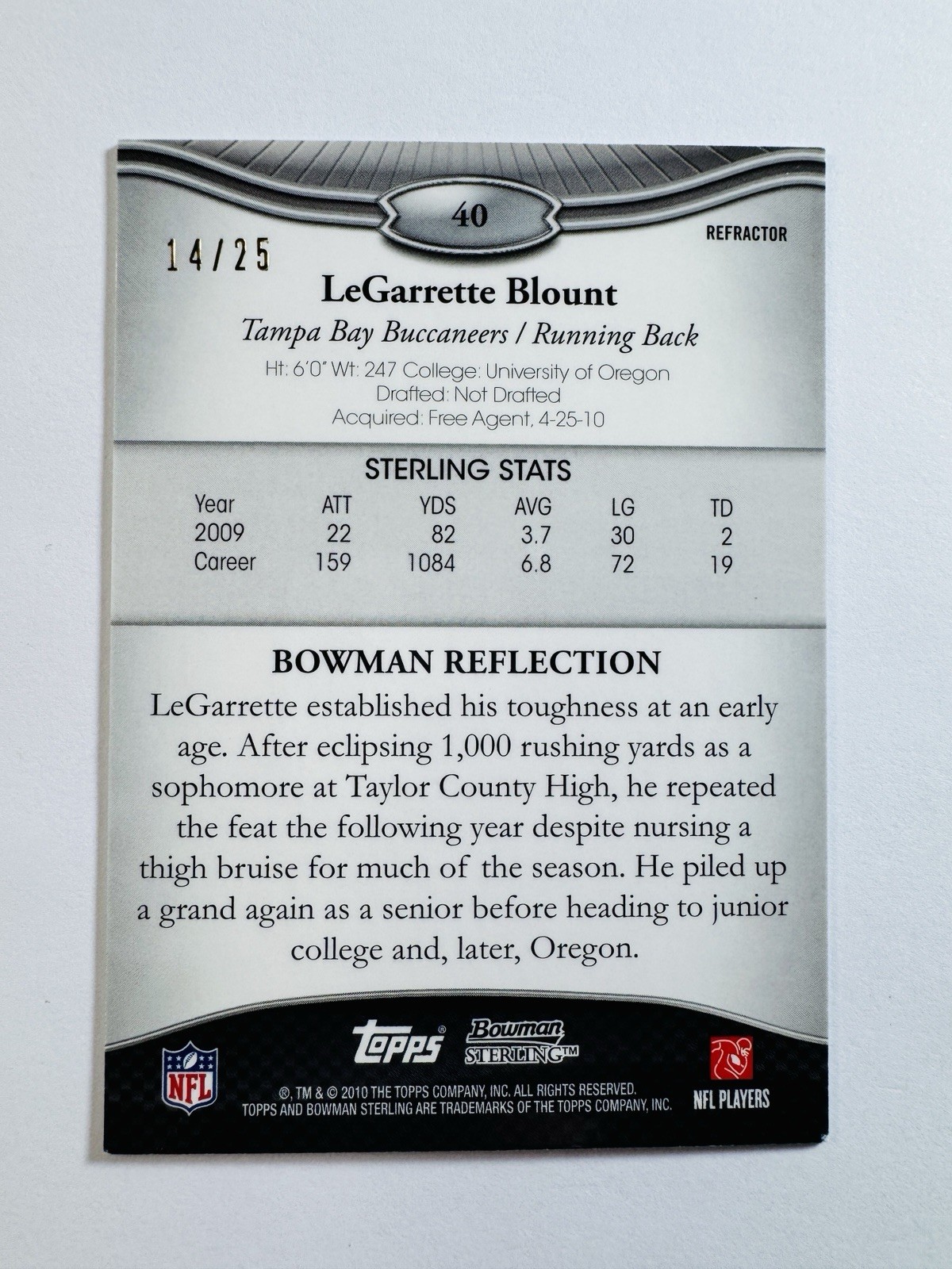 2010 Bowman Sterling #40 LeGarrette Blount Gold Rookie #/25 Rare Buccaneers