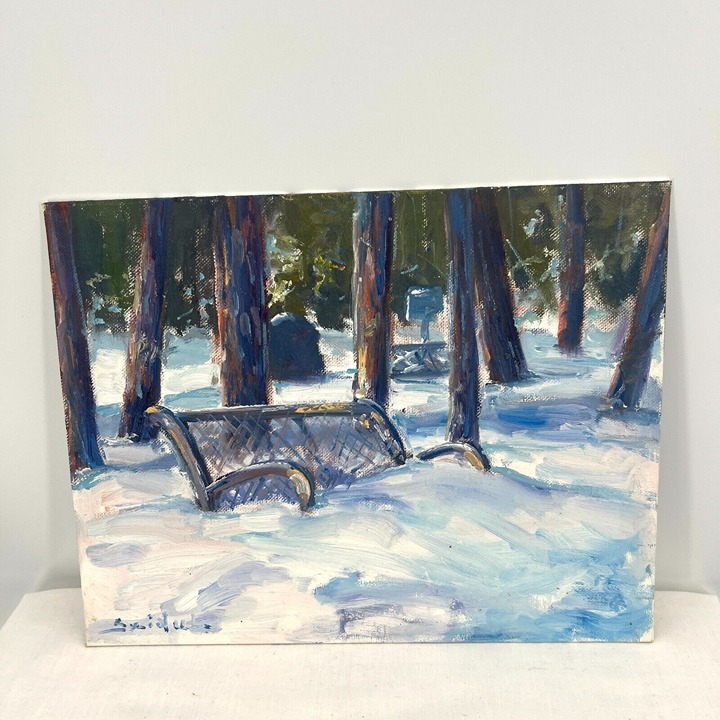Original Artwork Study 11”x14” Oil Canvas Panel Snowy Bench Tadeusz Seidel