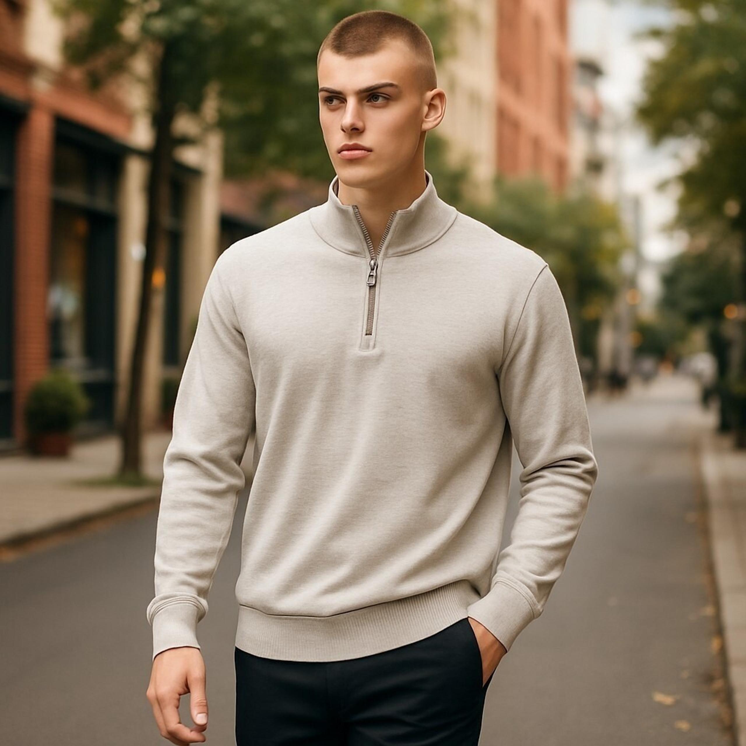 Jos. A. Bank Sweater Men's Medium Beige 100% Wool Knit Long Sleeve Quarter Zip