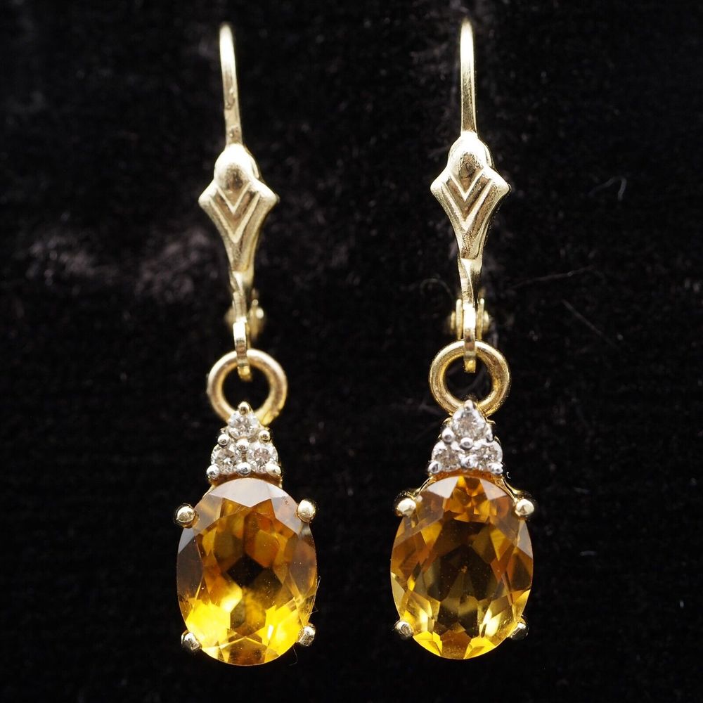 VTG 14K Gold Citrine Diamond Earrings - Signed CU - Leverback 2.5grams