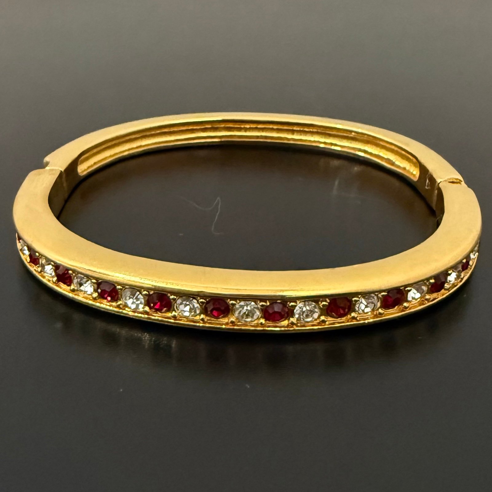 Vintage Unsigned Red & Clear Rhinestones Crystal Channel Hinged Bangle Bracelet