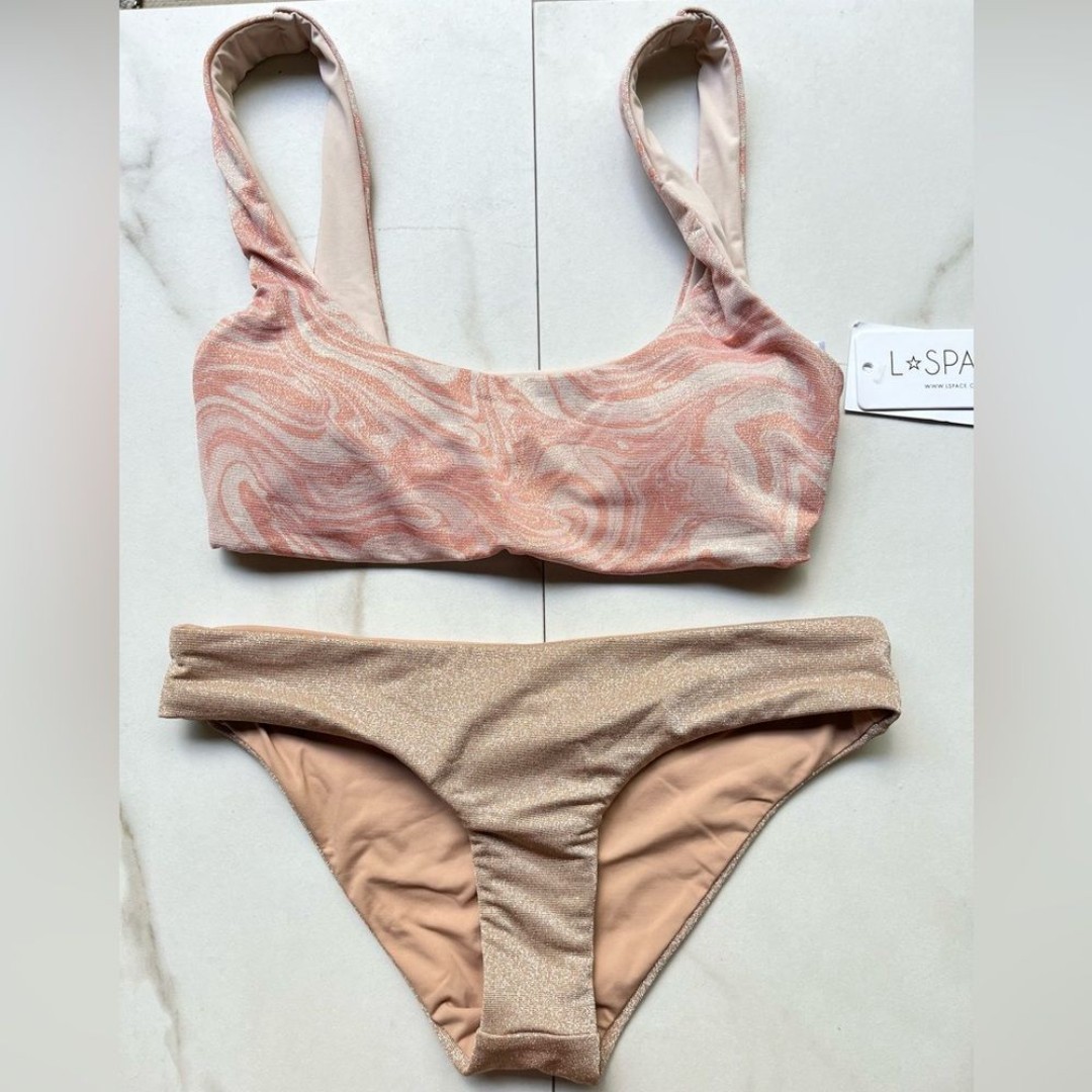Nwt l*space shimmer nude tan champagne sandy bikini bottom Lizzie top asu marble