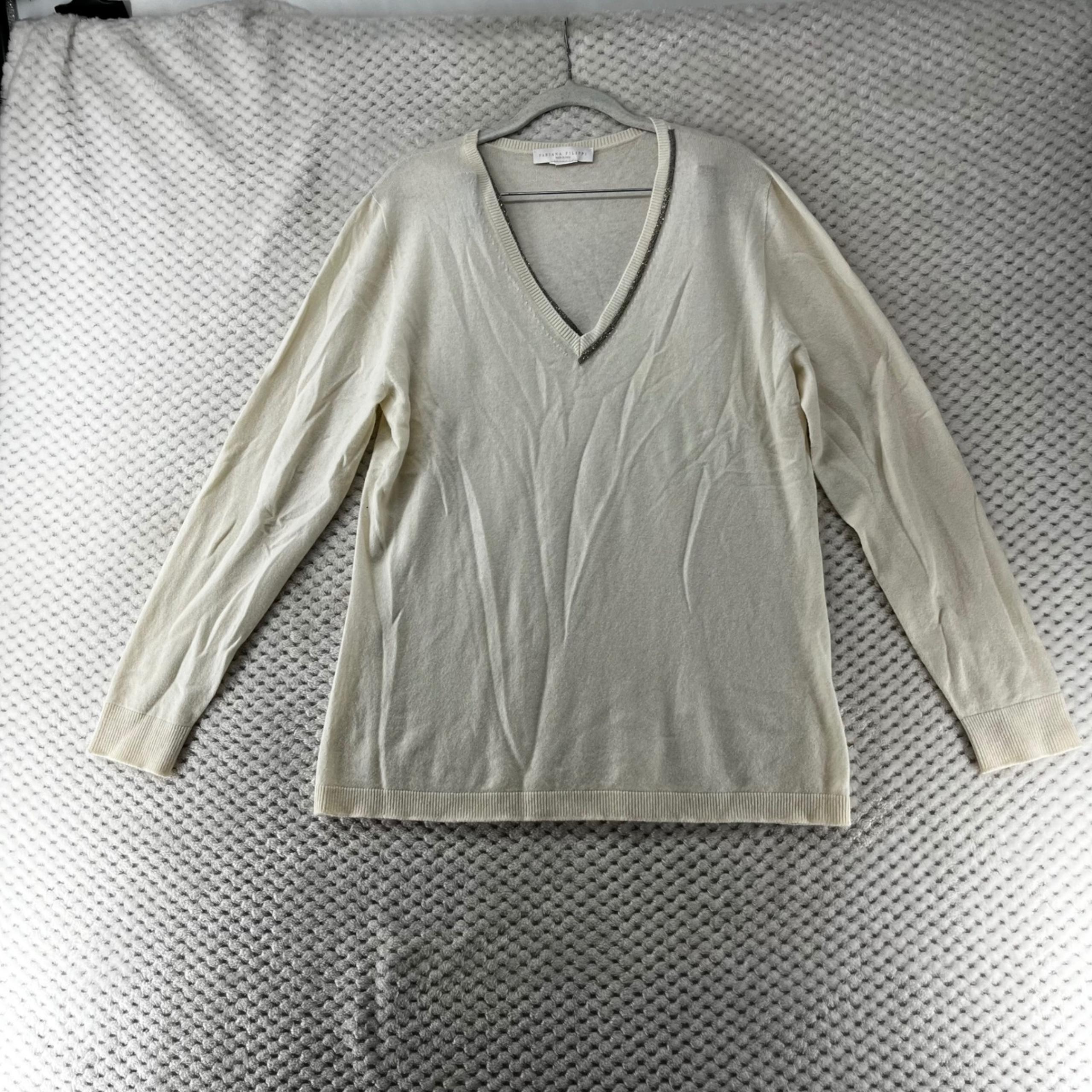 Fabiana Filippi V-Neck Sweater Beaded Trim Long Sleeve Knit Top Ivory S
