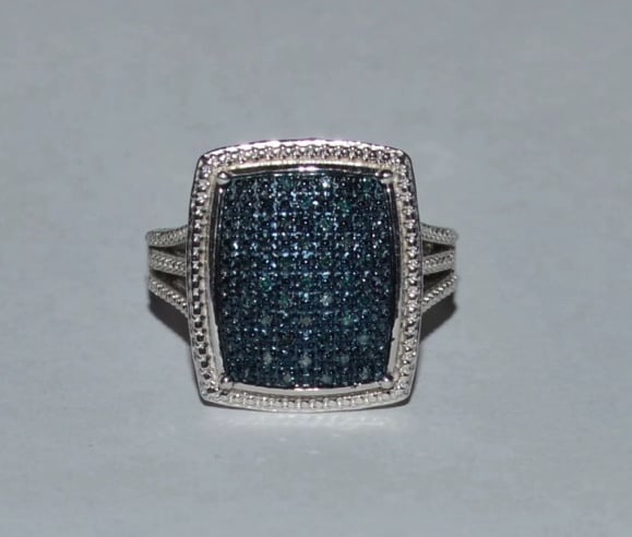 DESIGNER SJ SIGNED STERLING SILVER BLUE DIAMONDS RING SIZE 8