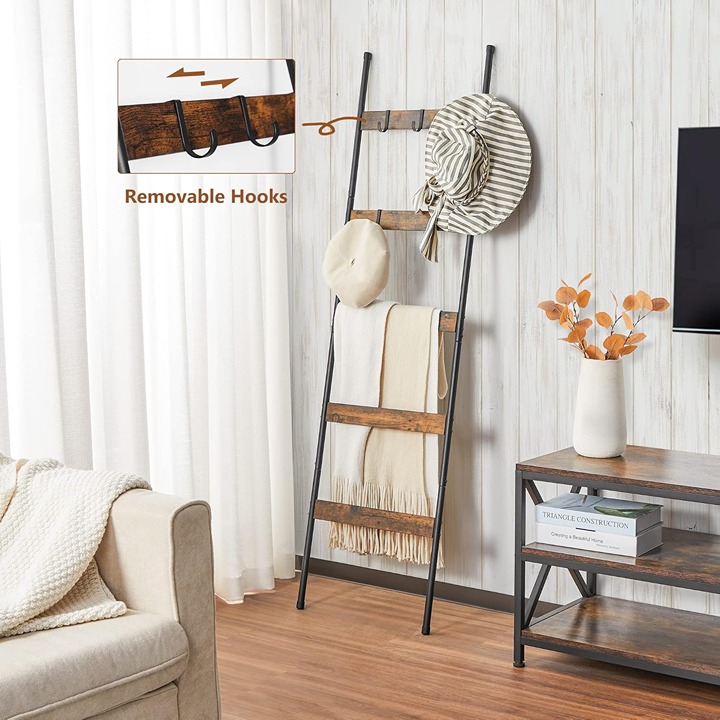 ELYKEN Blanket Ladder for Living Room, Farmhouse 5 -Tier Quilt Holder with 4 Rem