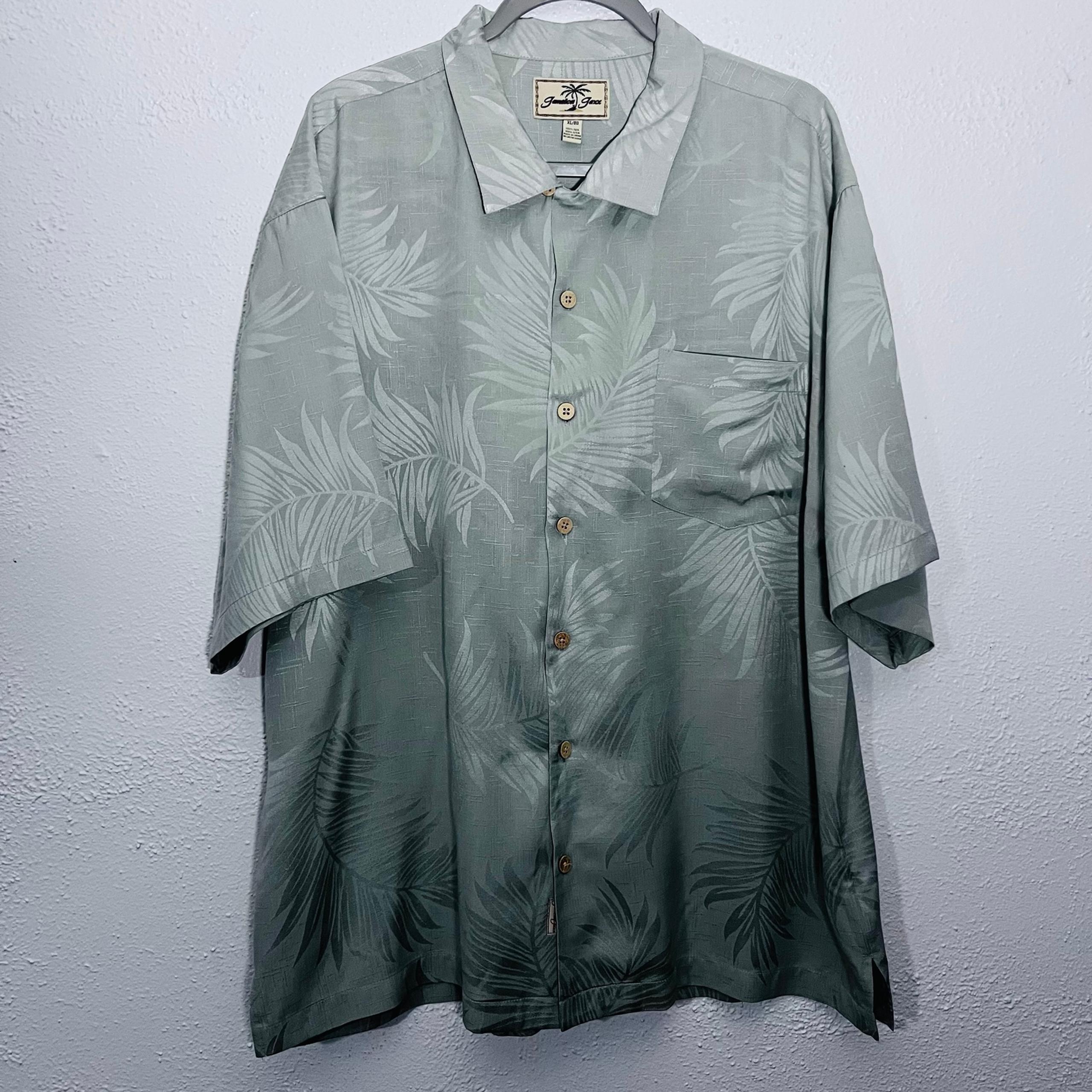 Jamaica Jaxx Hawaiian Green Jacquard Floral Shirt Men's XL 100% Silk Button Up