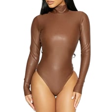 NWOT Naked Wardrobe Brown Fuax Leather Long Sleeve Turtleneck Bodysuit S
