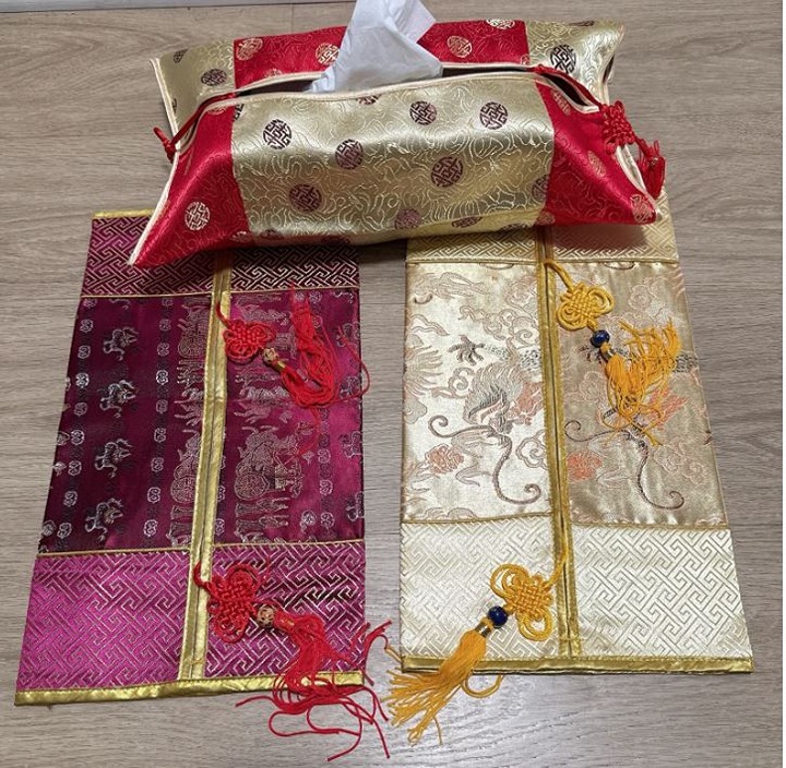 3 floral embroidered chinese tissue box cover with red tassel