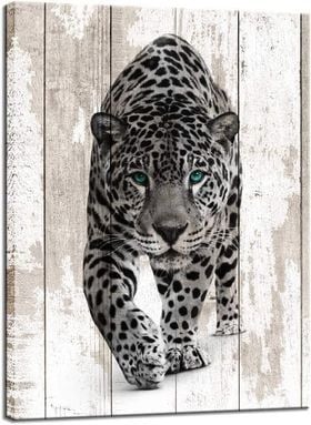 24 x 32 Black & White Leopard w/ Blue Eyes Giclee Print Framed Canvas Wall Art