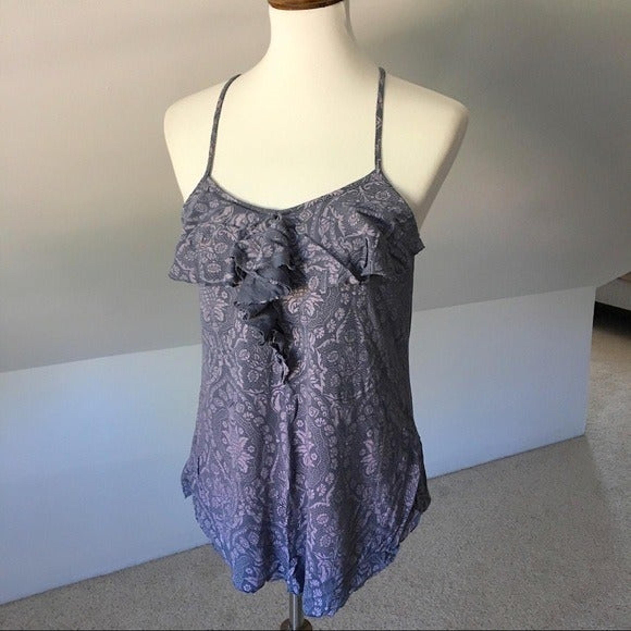 Paisley V Neck Ruffled Racerback Tank