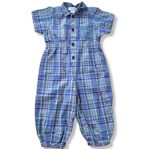 Vintage USA made blue green plaid short-sleeved jumpsuit