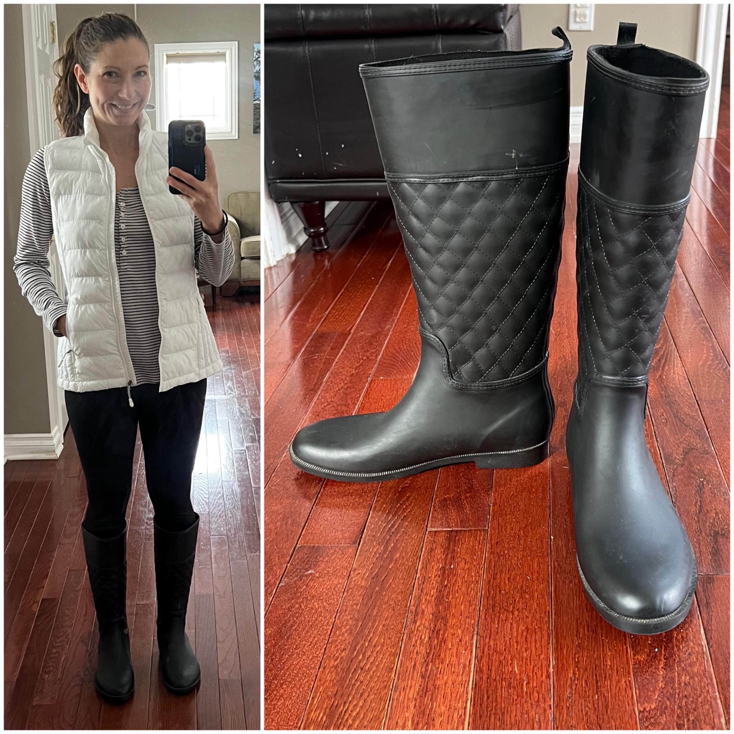 Women’s quilted black tall rain boots - size 8