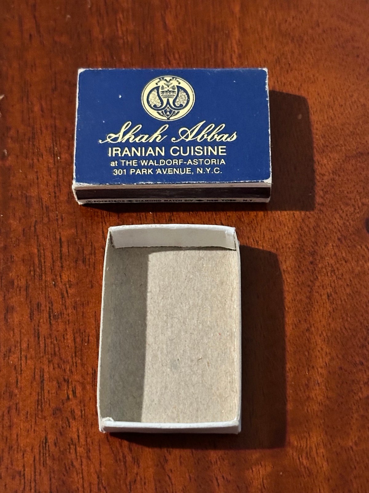 Vintage Matchbox Shah Abbas Iranian Cuisine Waldorf Astoria New York NYC * EMPTY