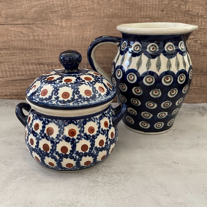 Boleslawiec Hand Made Polish Pottery Peacock Pitcher Covered Bouillon Bowl 3 PCS