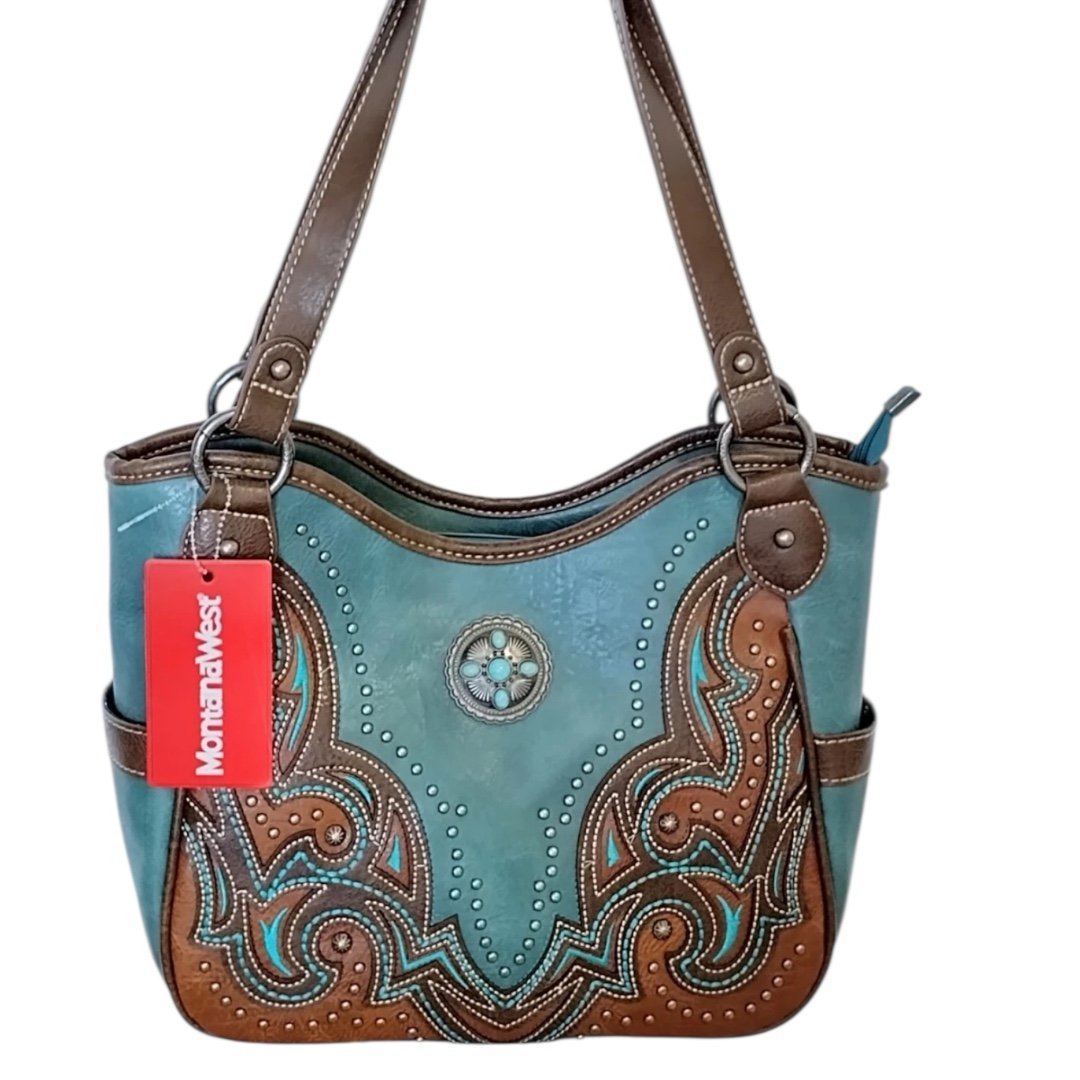 Montana West Faux Leather Shoulder Bag Turquoise Stones Embroidered Studs NEW