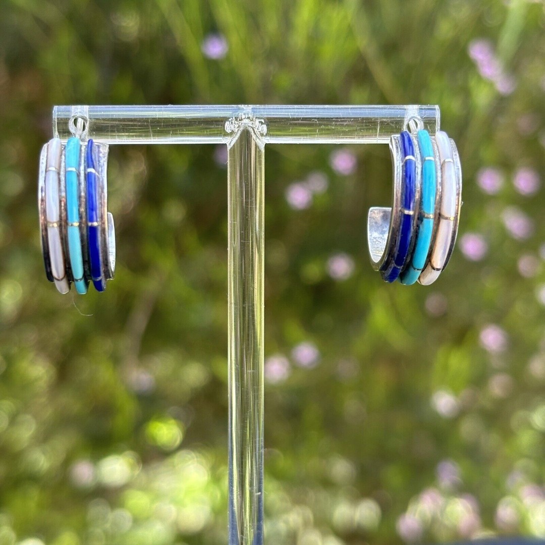 Vintage 925 Sterling Silver Lapis Turquoise MOP inlay Hoop Earrings 6.5g