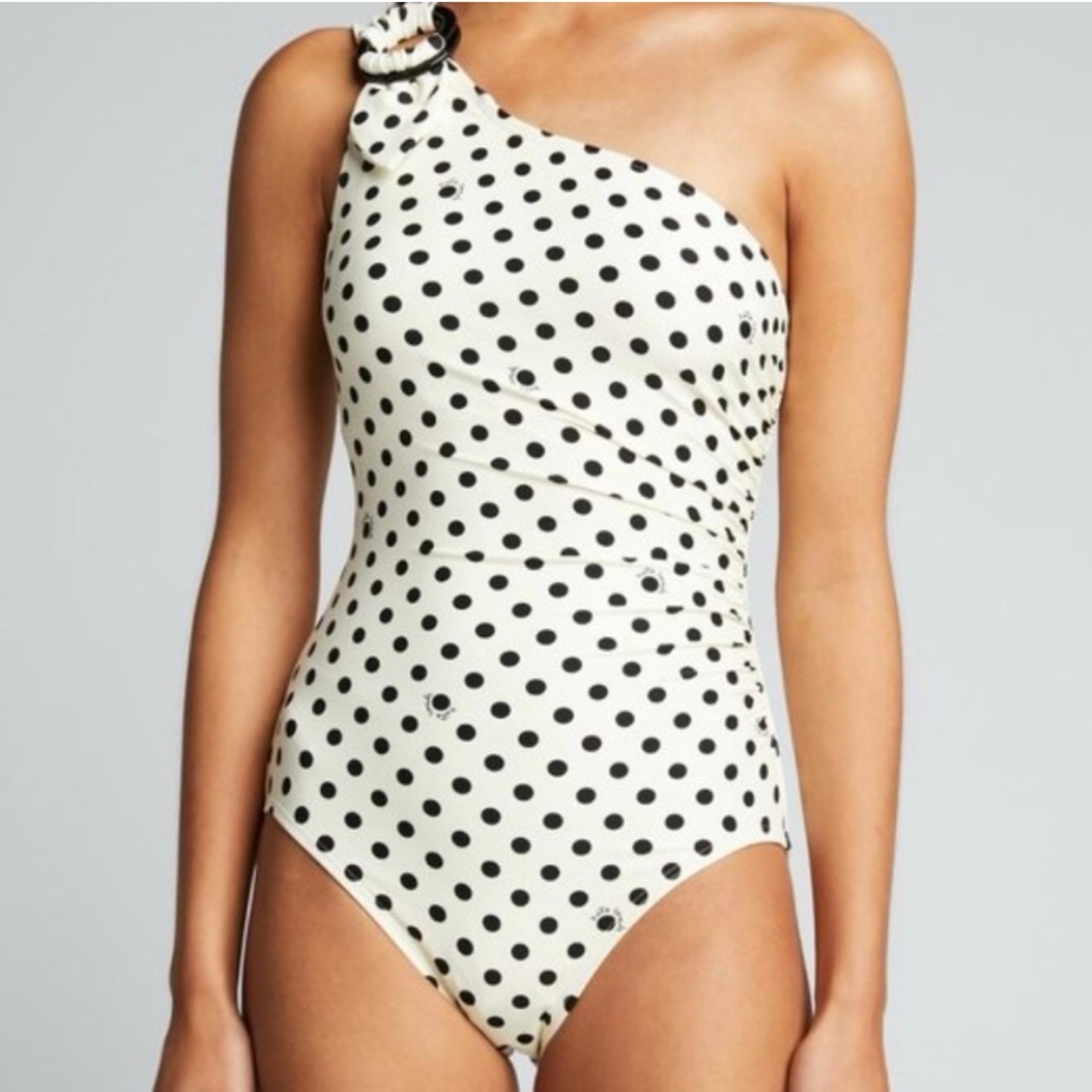 kate spade one shoulder buckle polka dot print one piece swimsuit