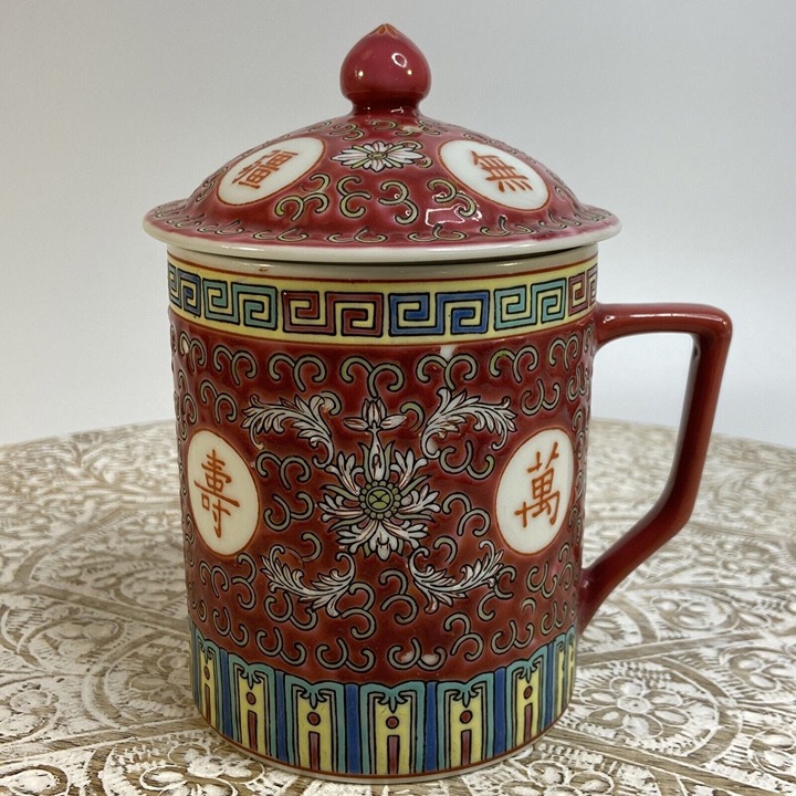 Chinese Tea Cup Mug w Lid Hand Painted Asian Oriental Vibrant Color 6 In