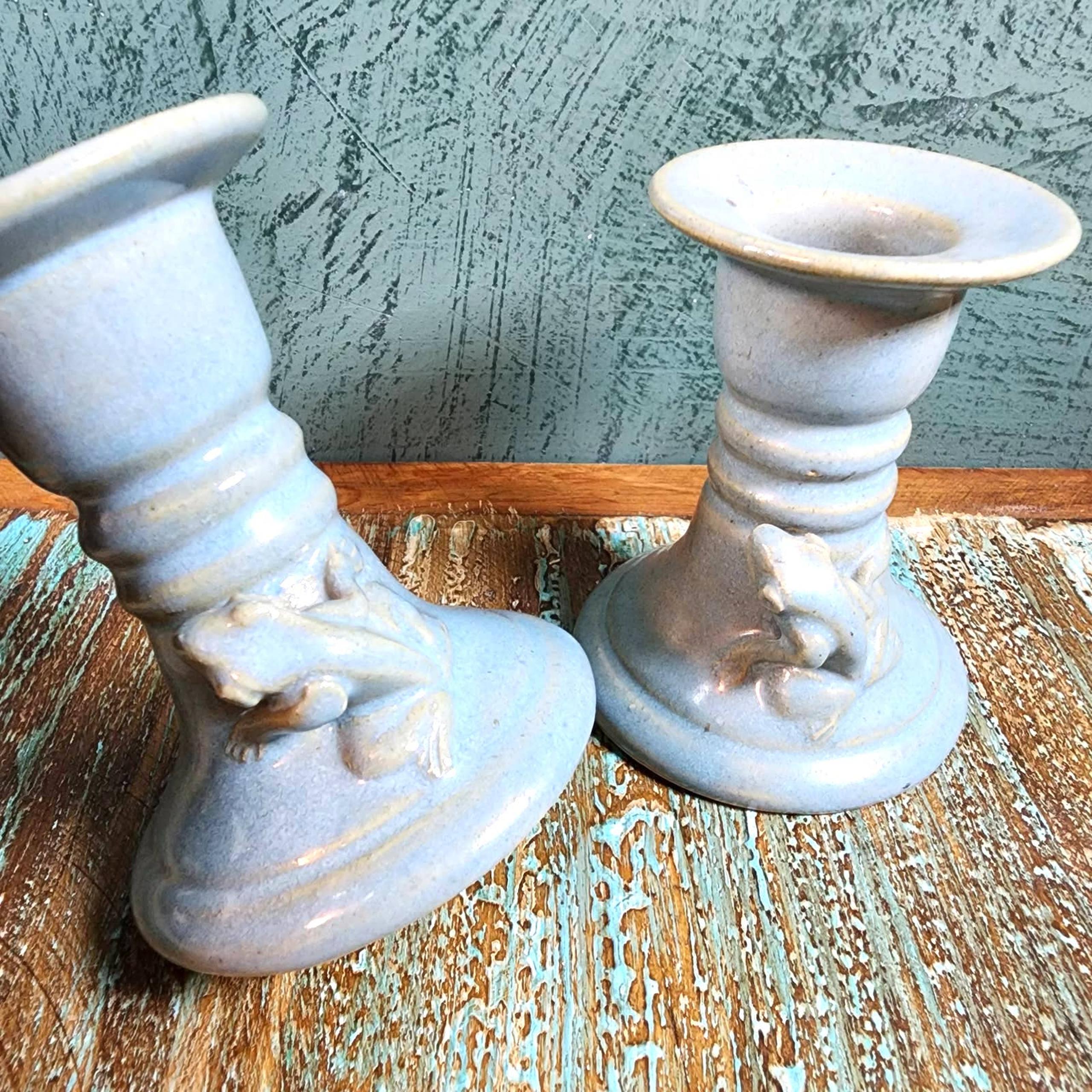 Vintage ENESCO Set of 2 Blue Candleholders Frogs on Base 3.5" Tall