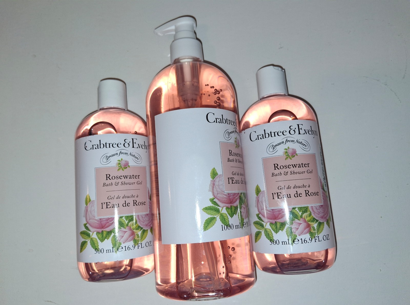 Set of 3 Crabtree & Evelyn Rosewater Bath Shower Gels - 16.9oz/500ml And 33.8