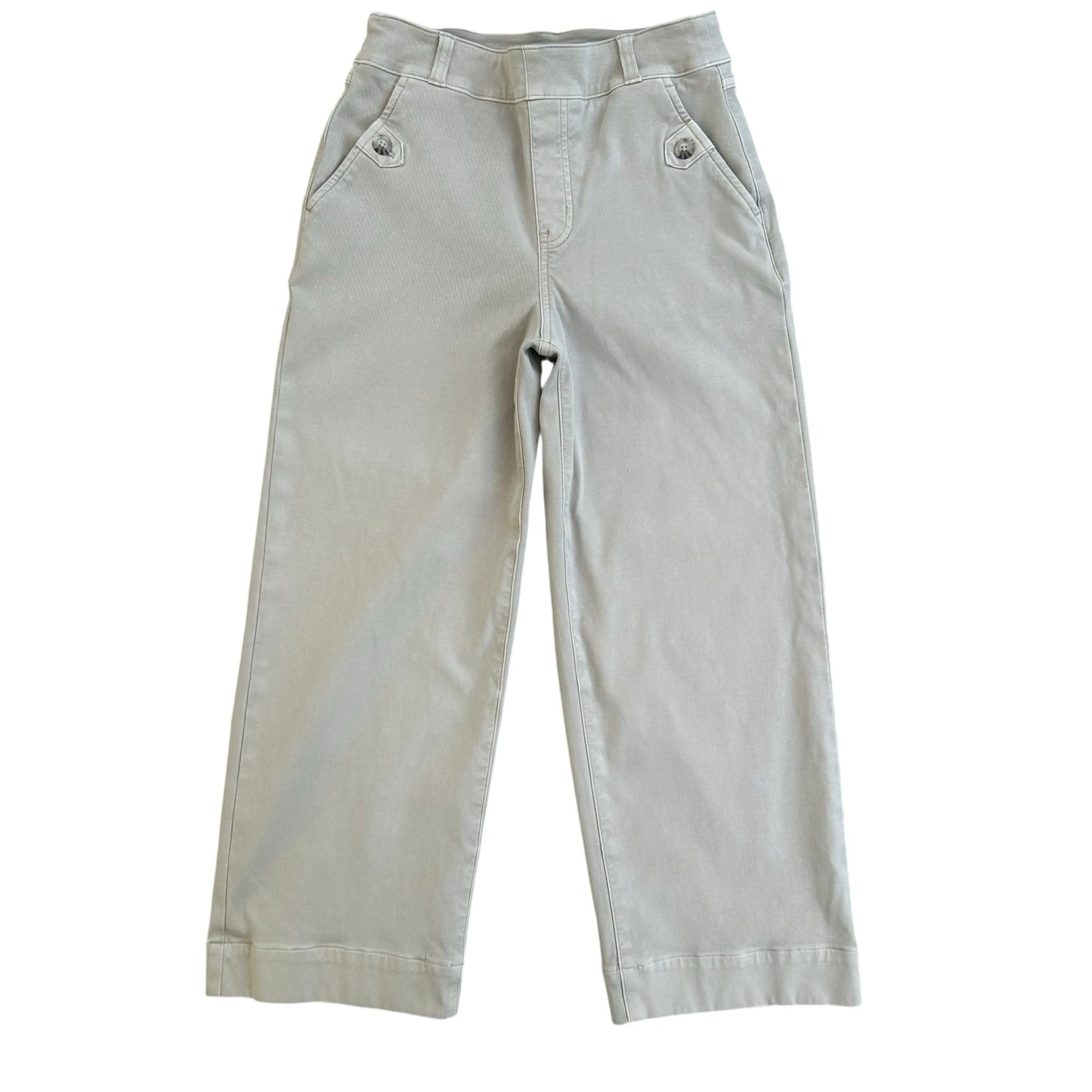 Spanx Twill Wide Leg Cropped Pants SMALL Tan Khakis High Rise Shaping Academia