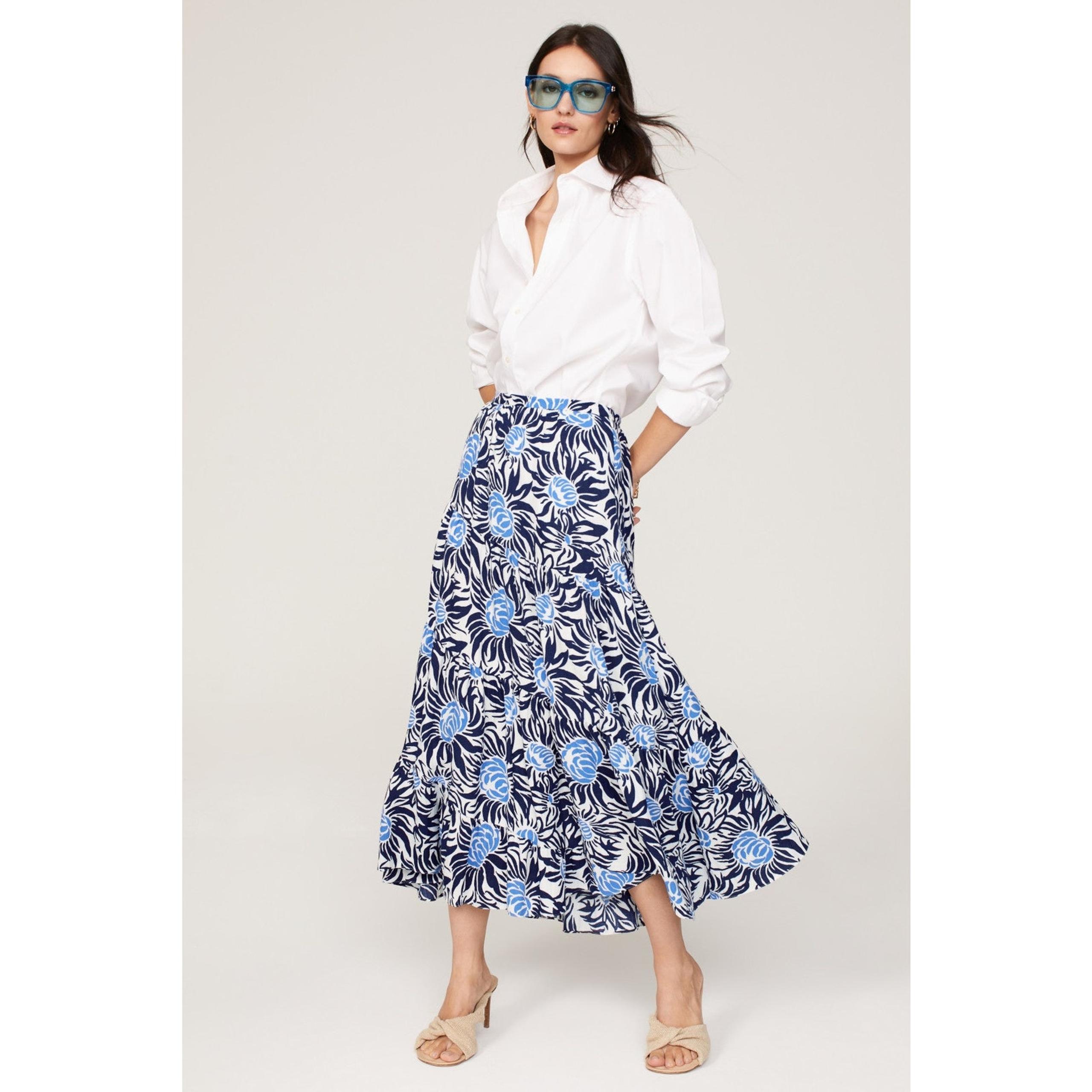 Venice Skirt White Blue Floral Maxi Tiered A-Line Sz 10 - Diane von Furstenberg