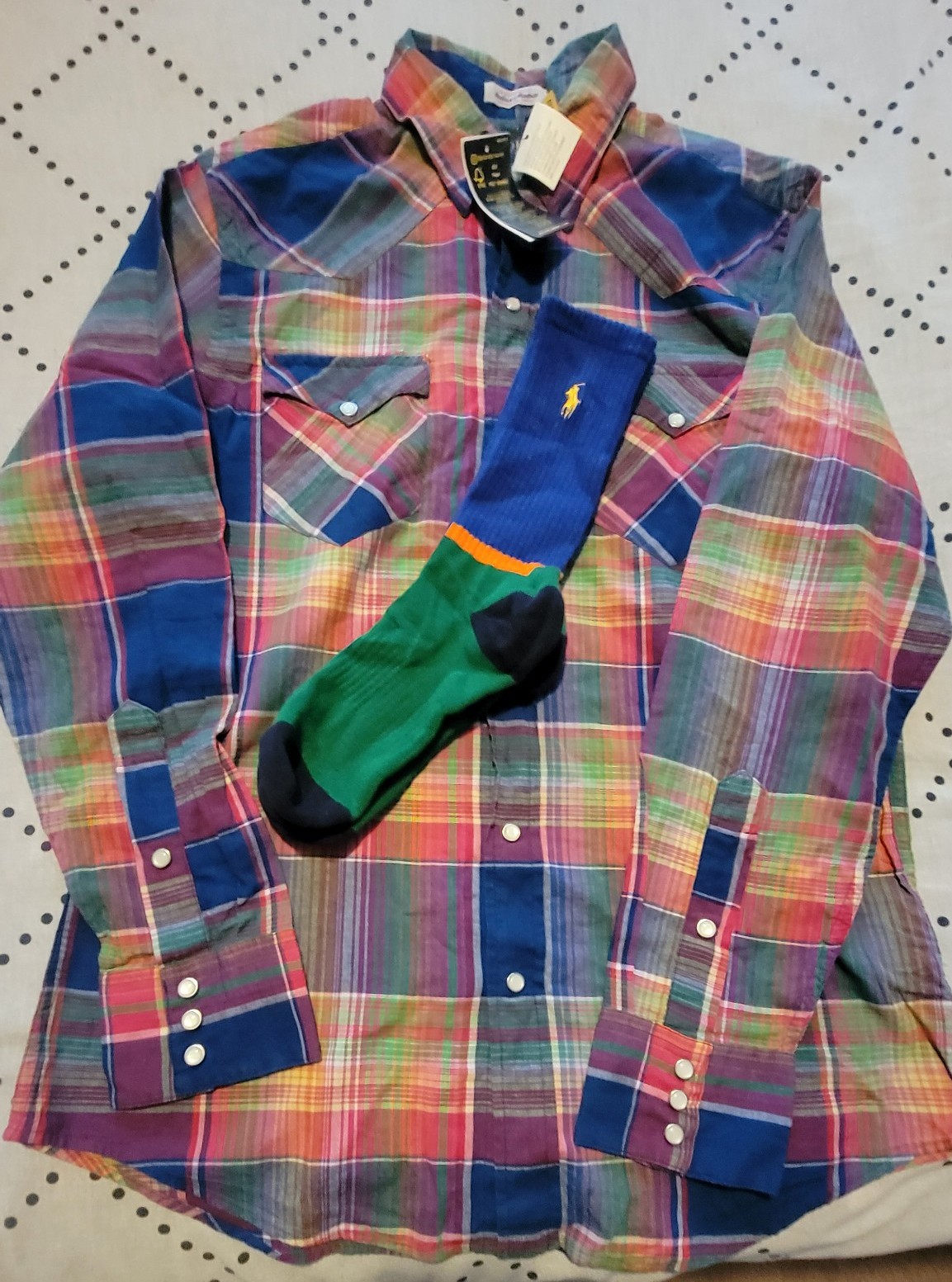 Ralph Lauren Polo MEDIUM Indian Madras button down shirt. With Polo socks 10-13.