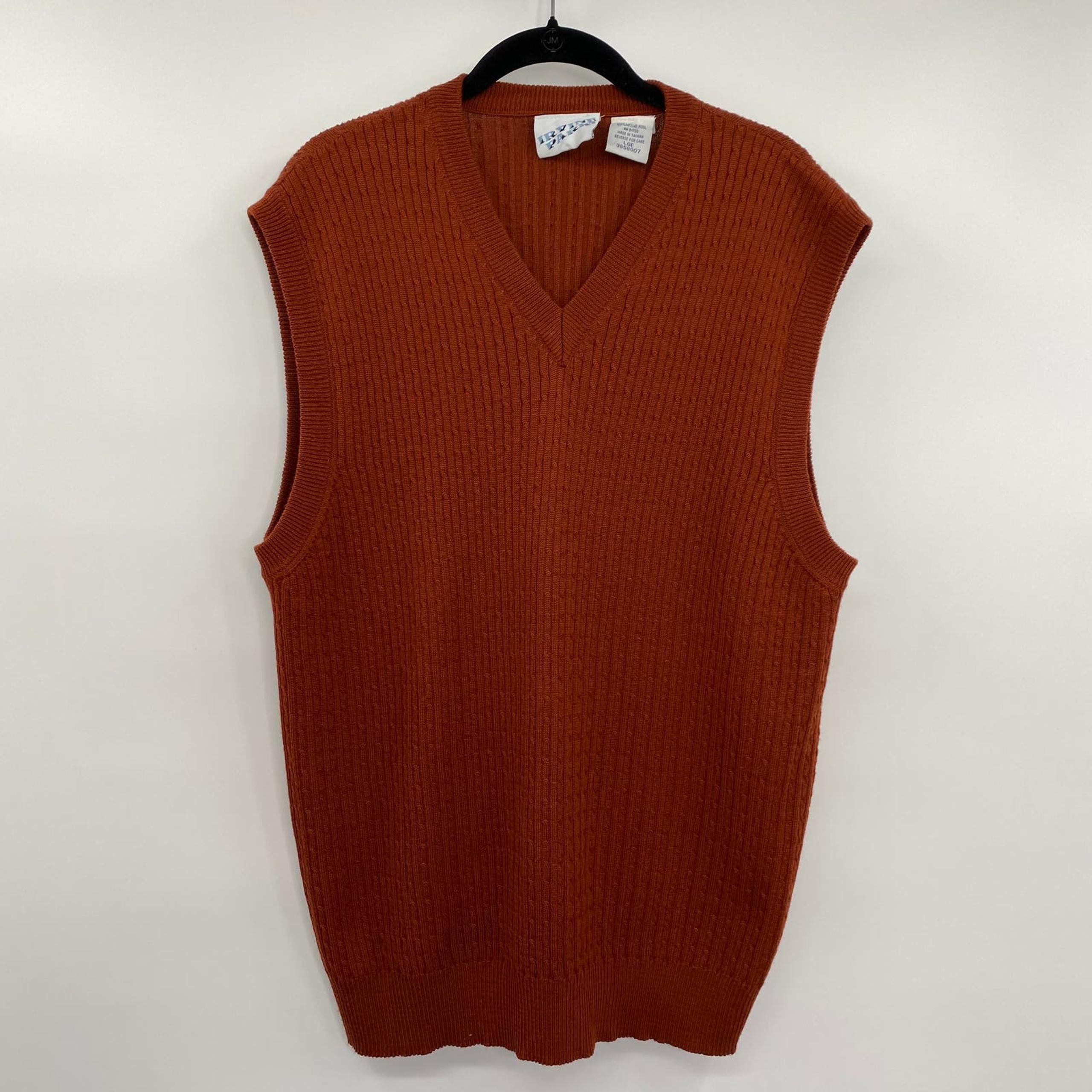 Vintage Merino Wool Sweater Vest Cable Knit V Neck Rust Orange Womens Size Large