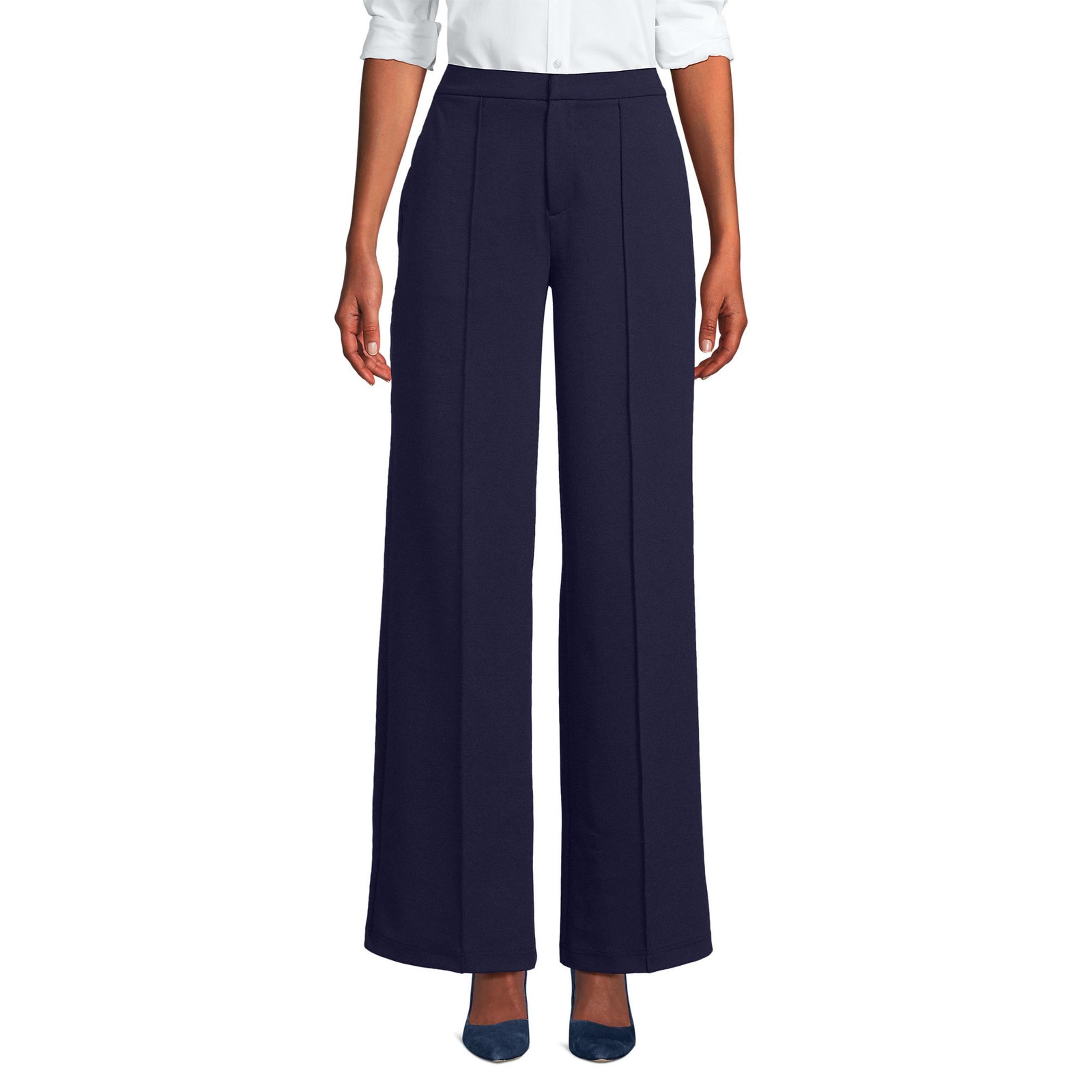 Lands' End Ponte Pintuck Dress Pants Wide Leg Stretch True Navy Womens Size 14
