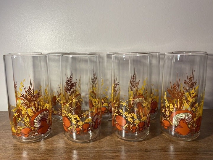 Set of 9 Vintage Anchor Hocking Mushroom Retro Drinking Glasses 5 tall