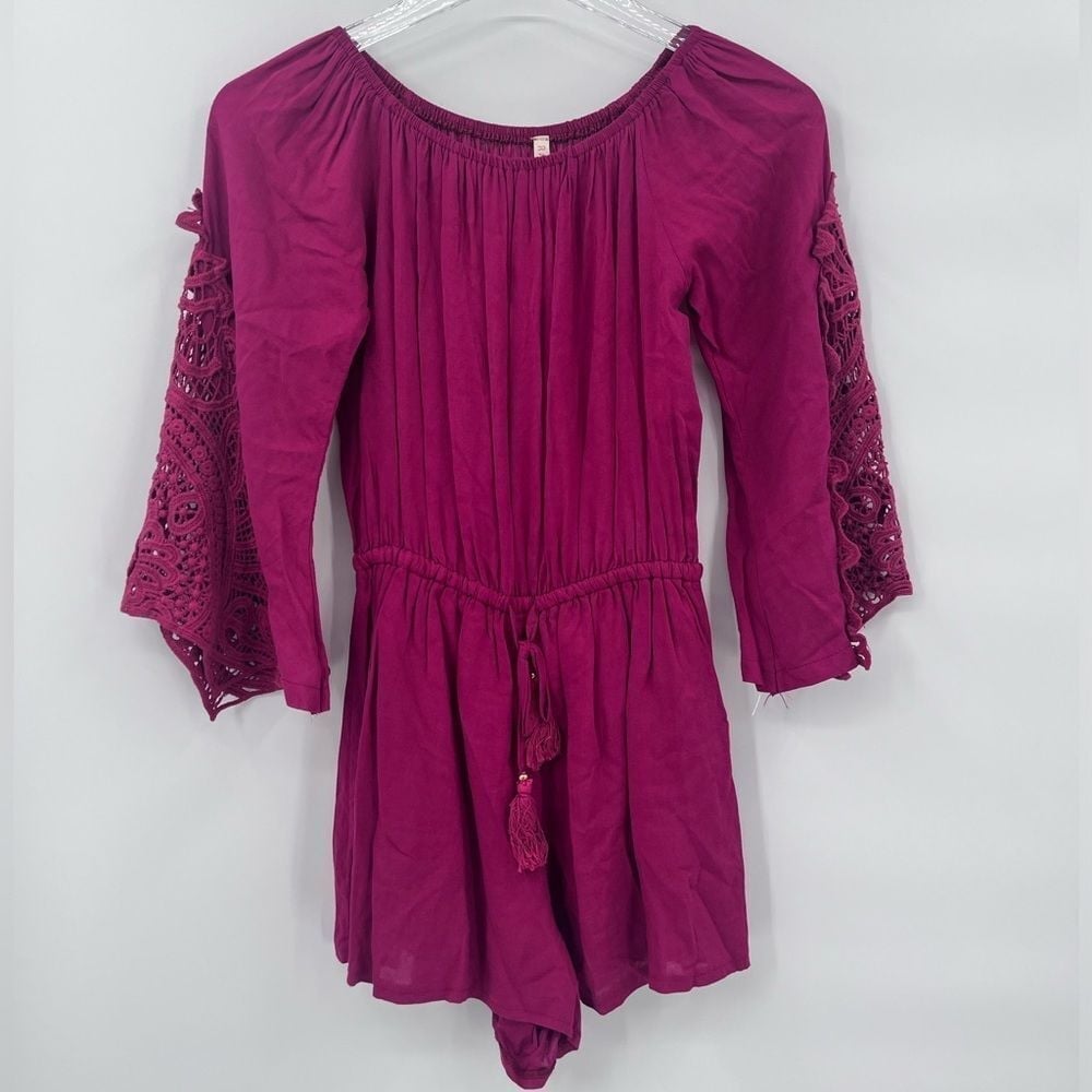 Raga magenta romper with eyelet sleeves size small