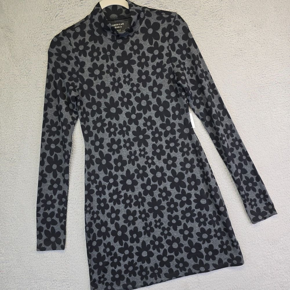 American Eagle Dress Women M Gray Mock Neck Floral Disco 70s Indie Bodycon Party