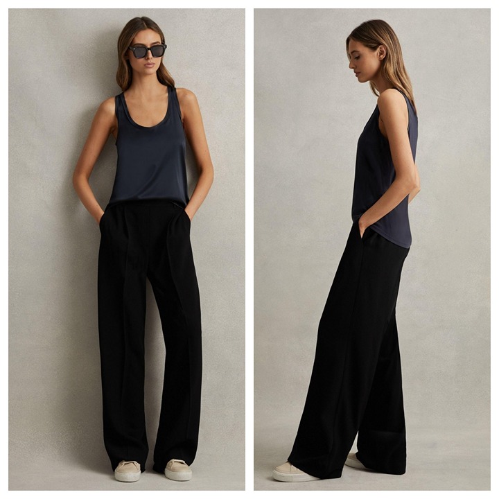 REISS Eden Black Pleated Wide Leg Twill Pants