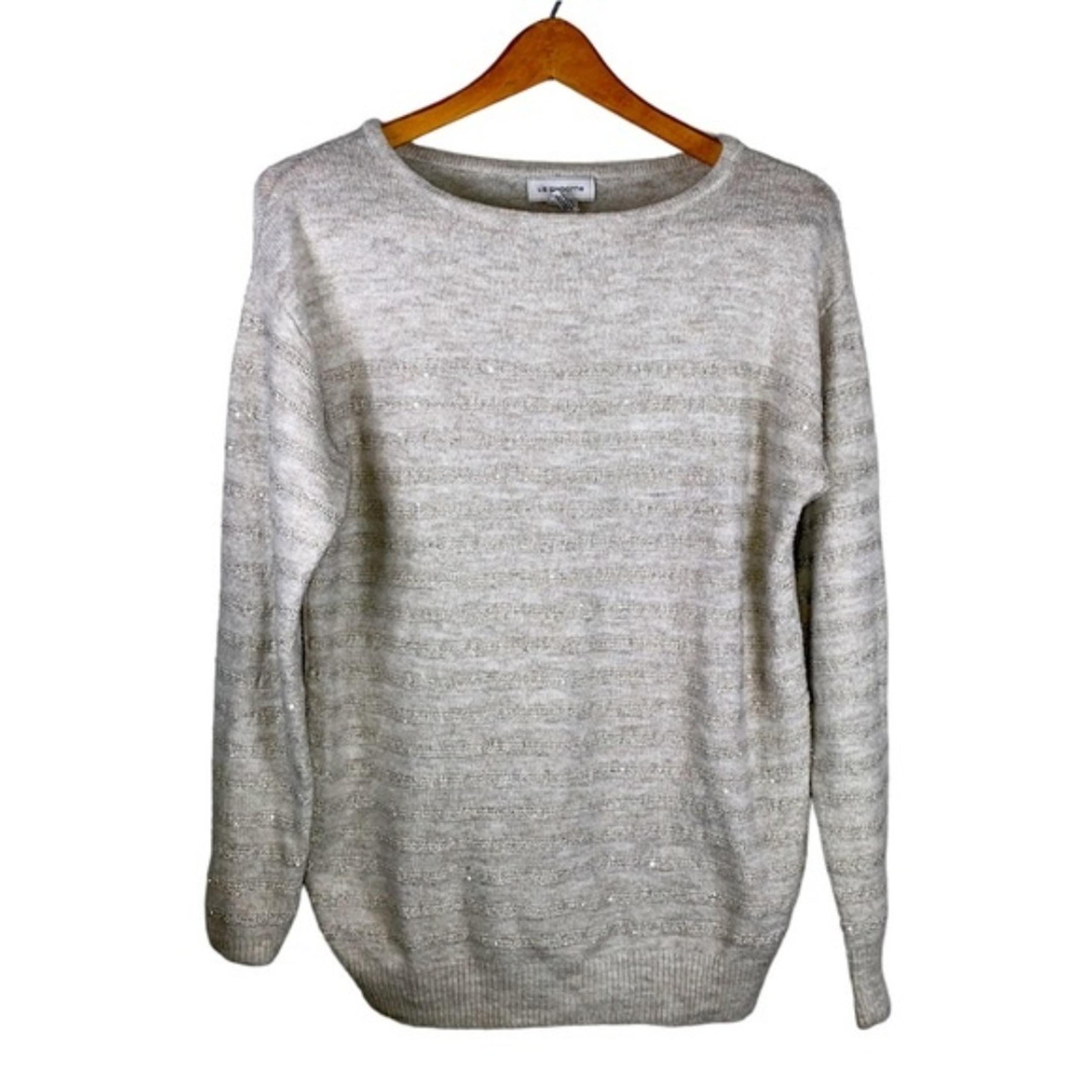Liz Claiborne Oatmeal Sequin Striped Sweater Scoop Neck Long Sleeve Size Medium