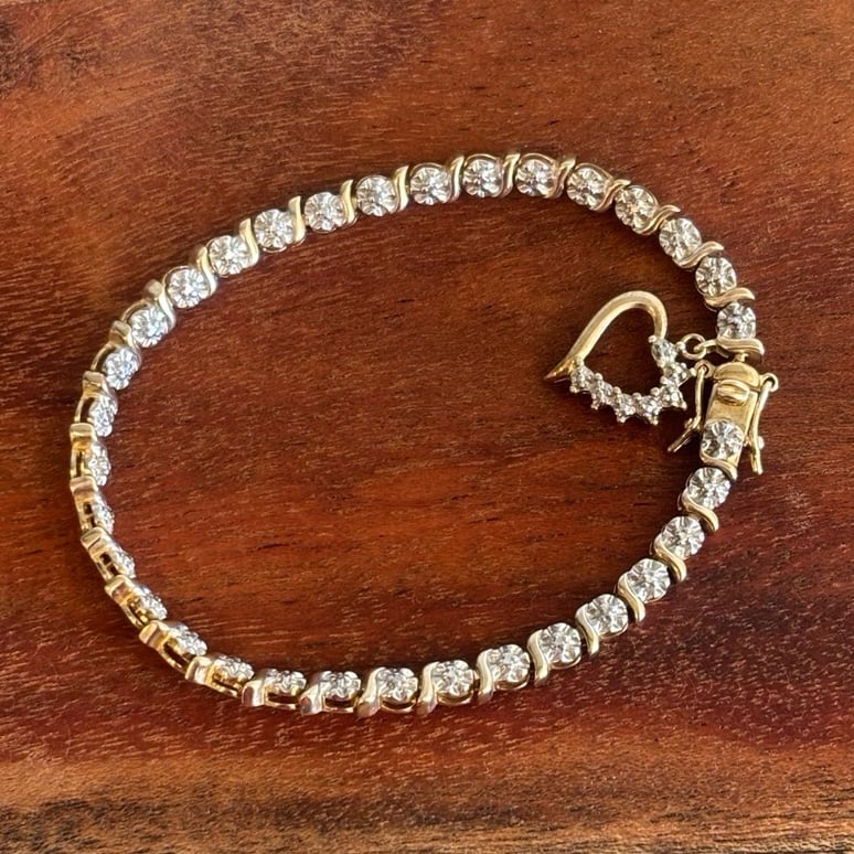 Ross Simons Sterling Silver 925 Vermeil Tennis Bracelet Diamond Heart Vintage