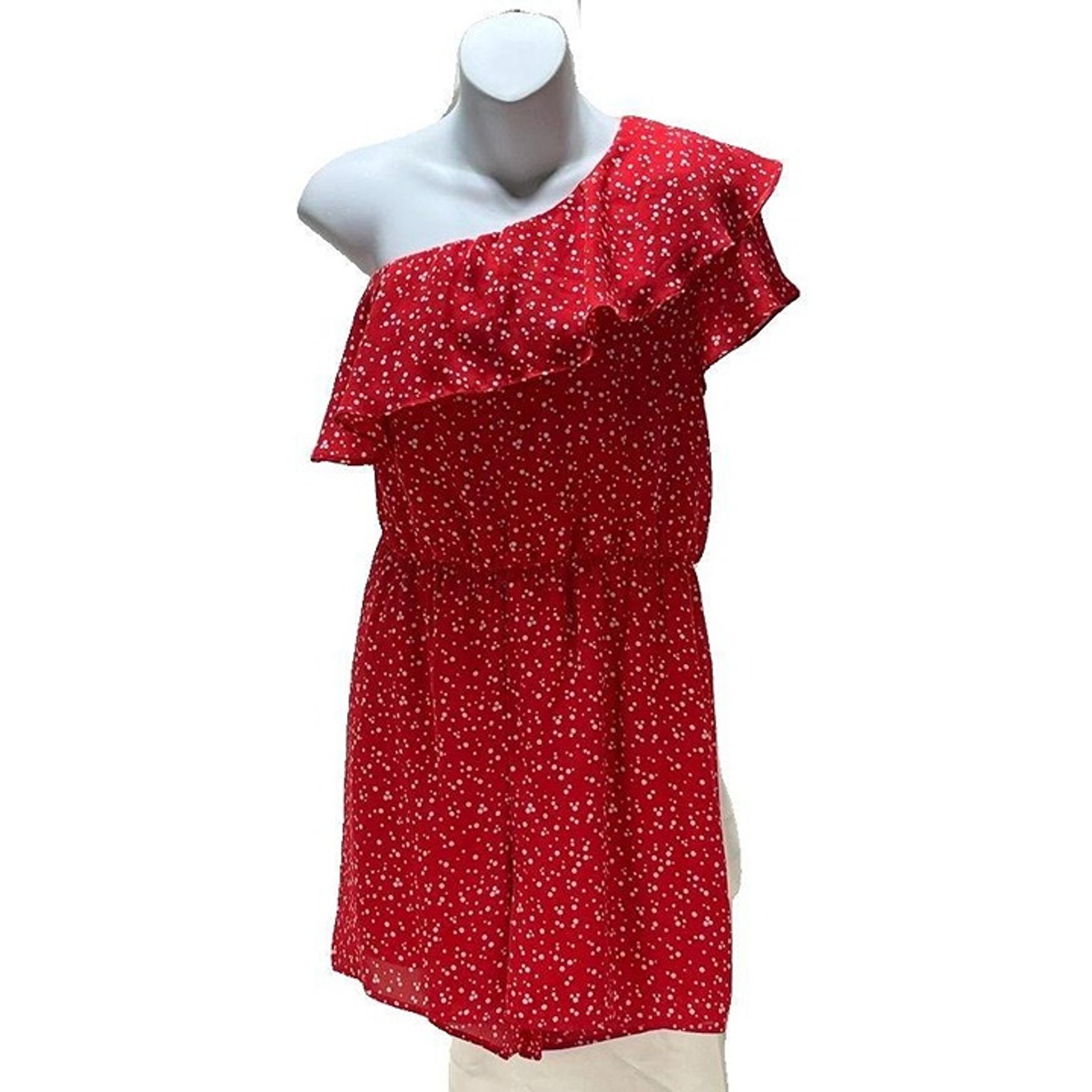 Everly Womens Size M Red One Shoulder Polka Dot Flowy Polyester Romper Jumpsuit