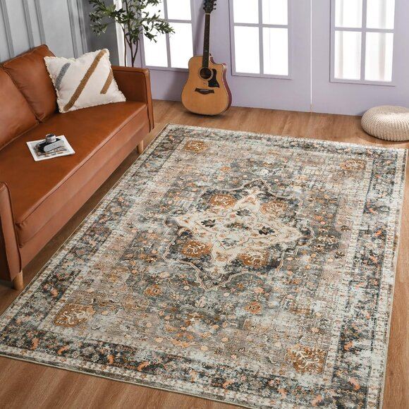5x7 Tan Vintage Area Rug, Washable Non-Slip Thin Floral Carpet for Home Décor