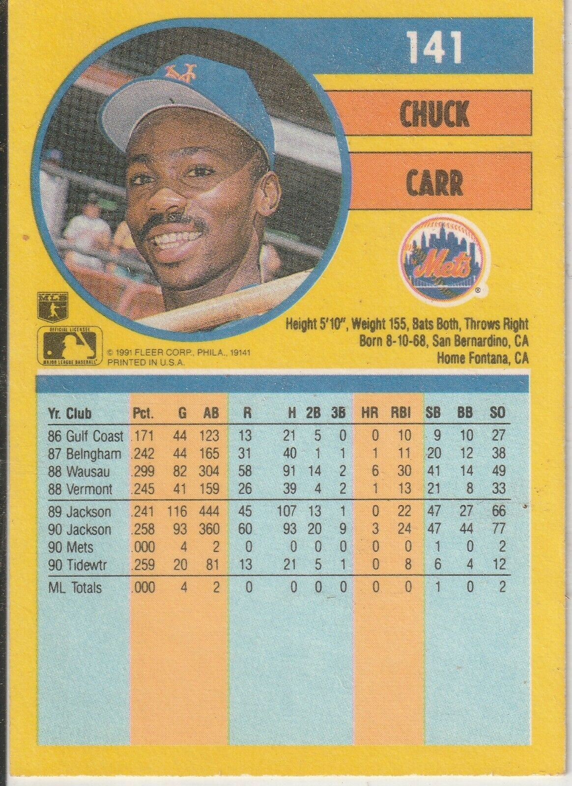 Misprint Fleer Baseball Card #141 For Chuck Carr w/Mets 1991