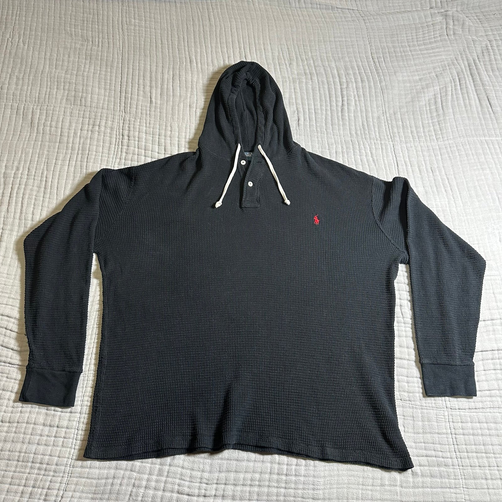 Polo Ralph Lauren 2XL Tall Thermal Pullover Black Lightweight Waffle Knit Hoodie