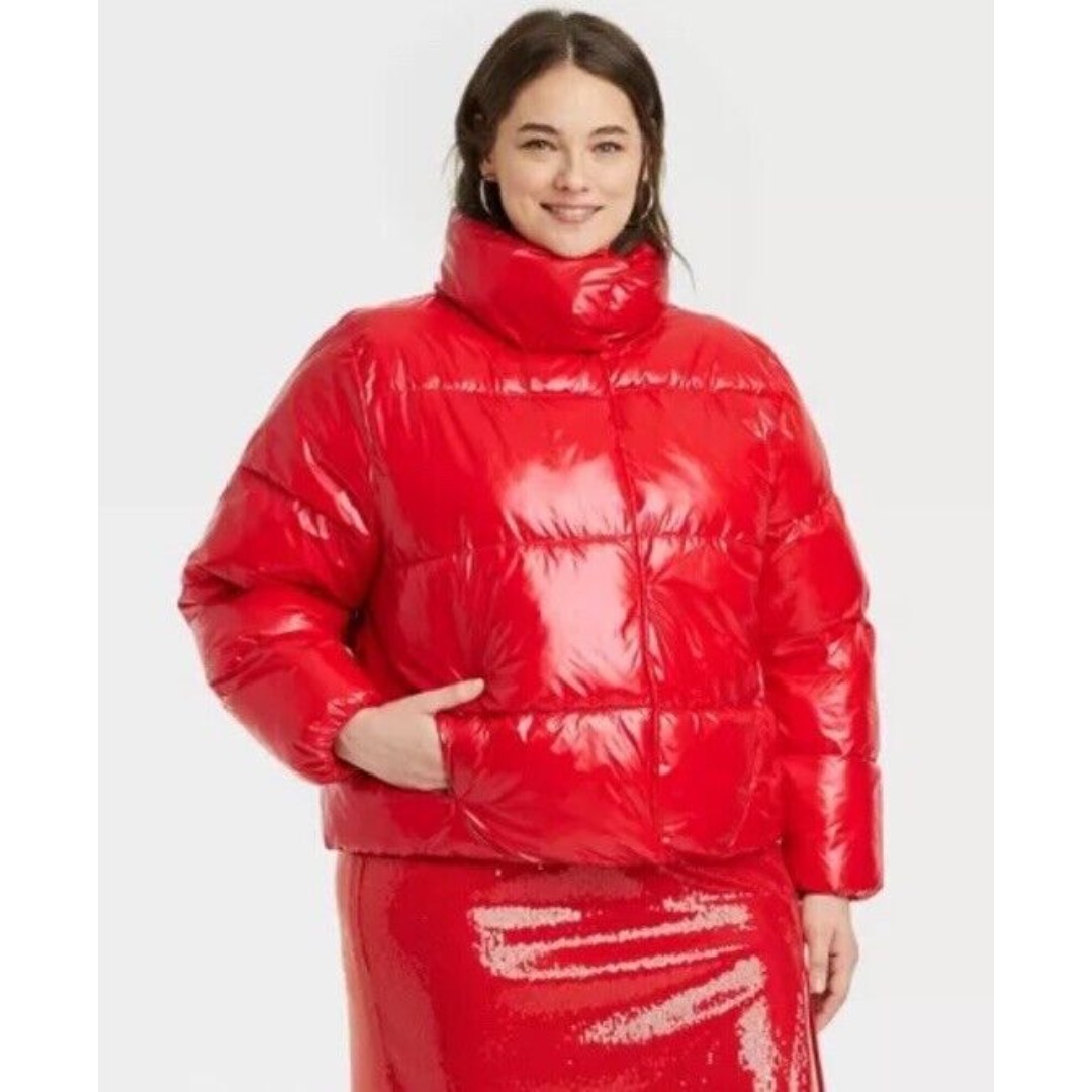 A New Day Women’s Red Puffer Shiny Rubber Water Resistant Jacket size Large
