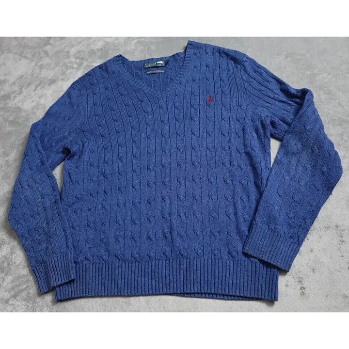 Polo Ralph Lauren Sweater Men's XL Blue Knit V Neck Long Sleeve Embroidered