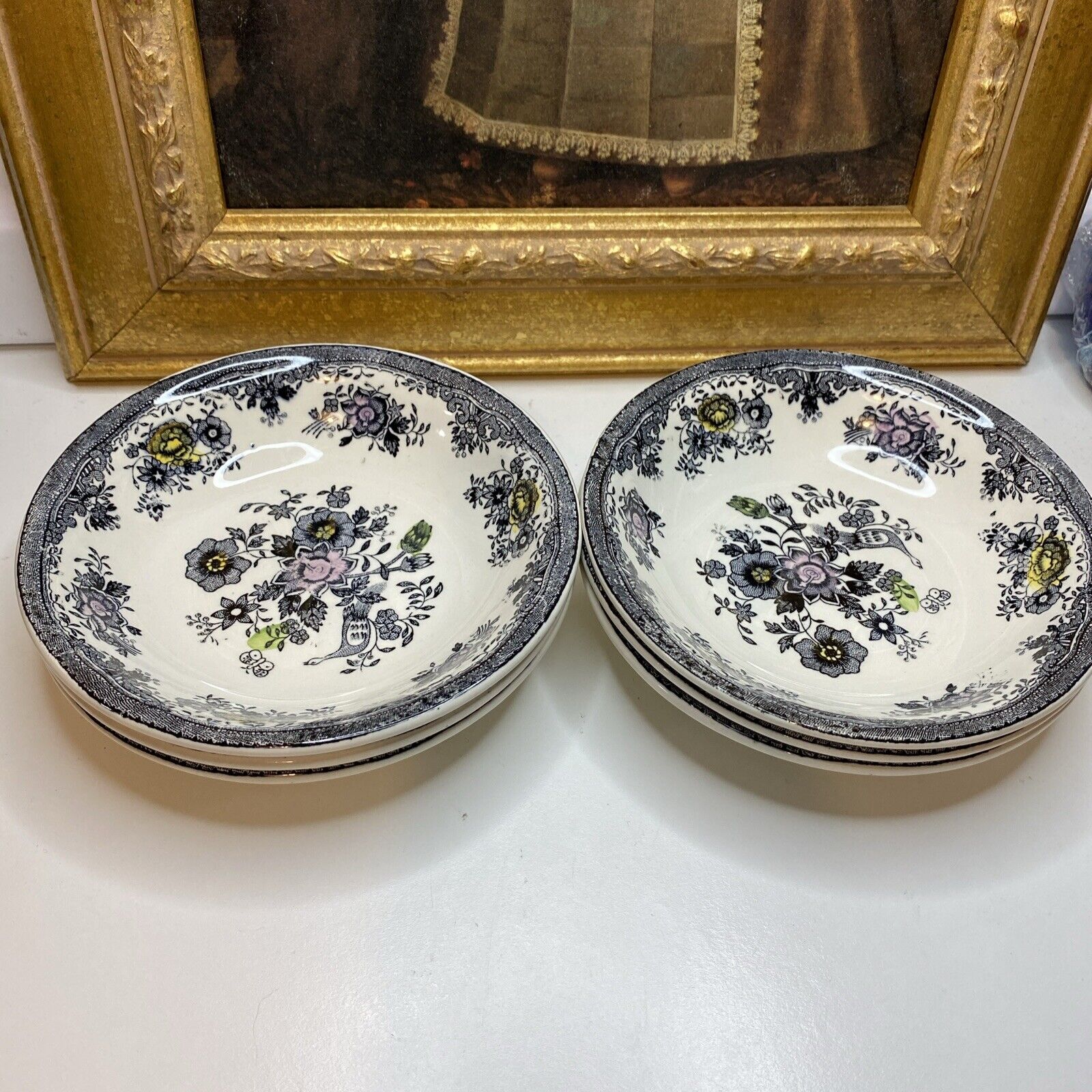 Set Of Six Vtg Egersund Norway Black Pheasant Transferware Shallow Bowls