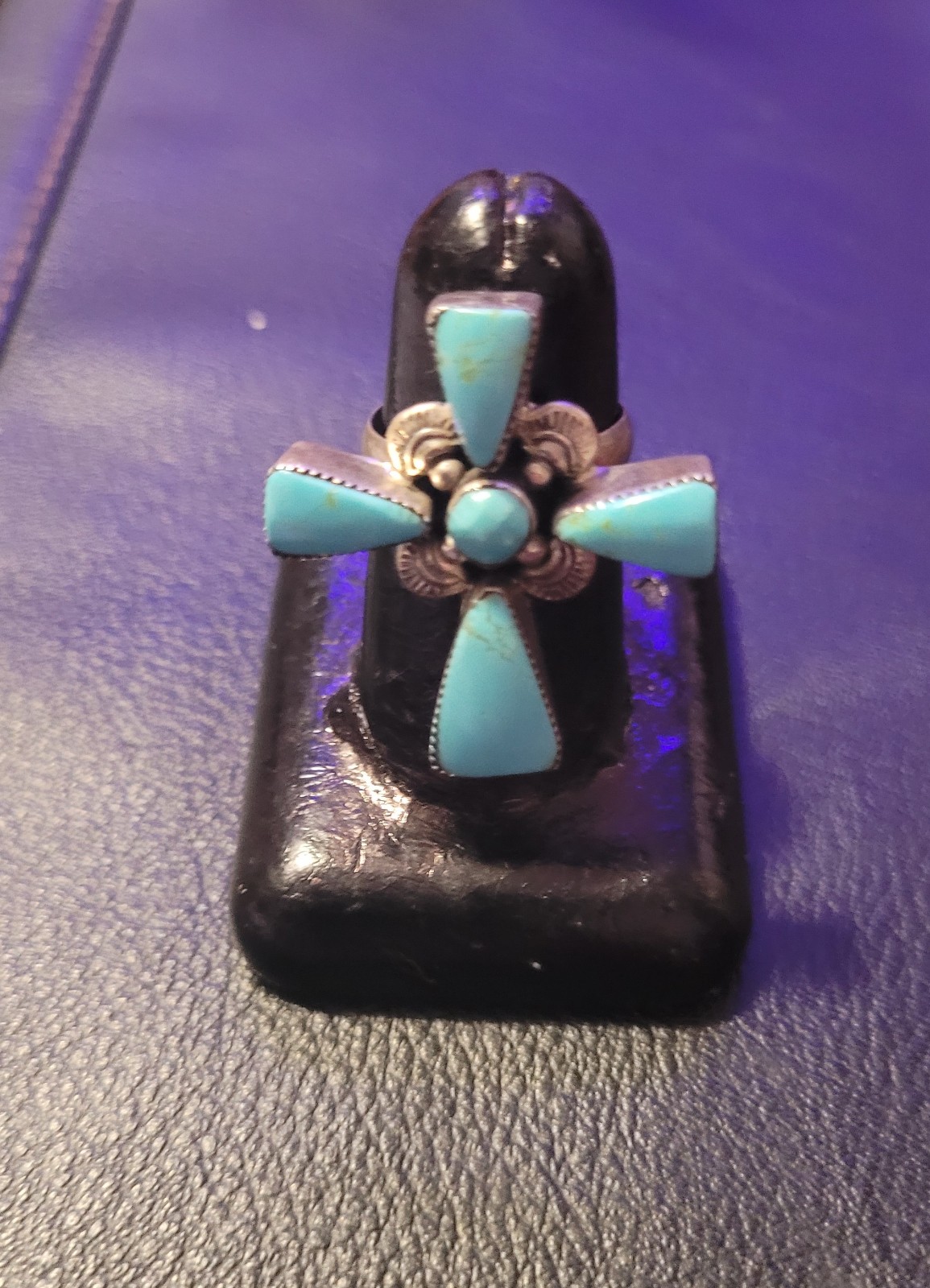 Native Vtg S S Big Turquoise Signed RB (Running Bear) Men's Women's Cross Ring