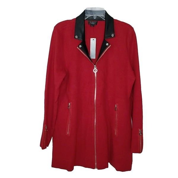 Belldini Moto Long Sweater Jacket PXL Vegan Leather Collar Zippers Red Black